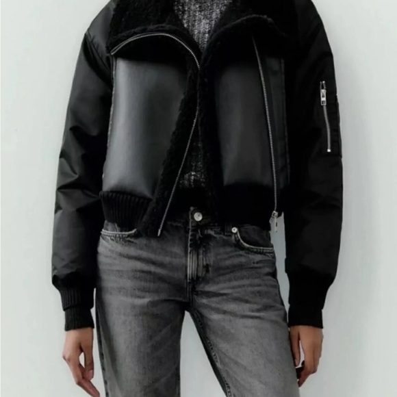 Zara Jackets & Blazers - Zara Black Bomber Jacket with Shearling Detail